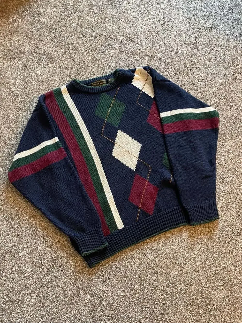 VTG 90s Croft & Barrow Sweater Size M Navy Argyle Cotton Pullover Golf Grandpa